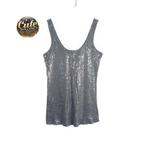 Express L Gray Sequin Sleeveless Top Women Sexy Stretch Scoop Neck Bling Party